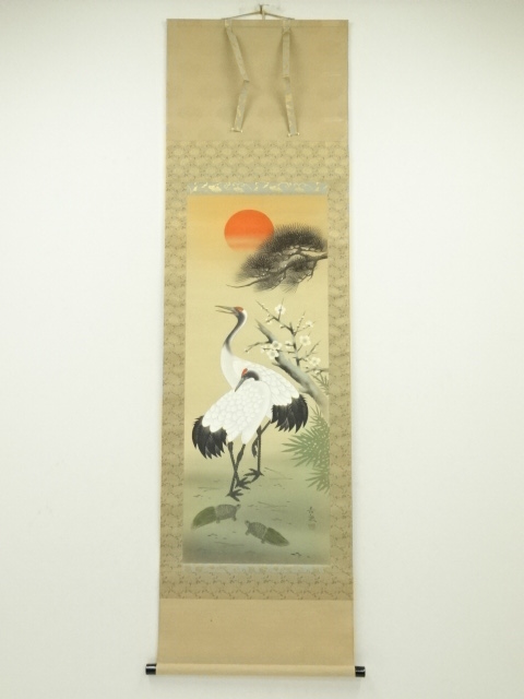 JAPANESE HANGING SCROLL / HAND PAINTED / CRANES & TURTLE